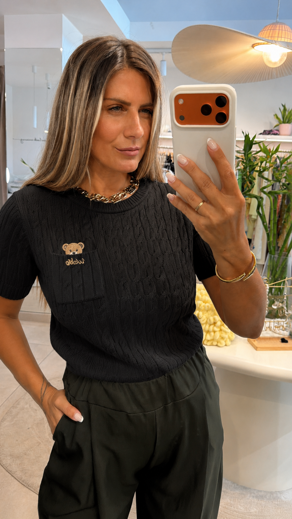 BLACK TEDDY BEAR POCKET KNIT TOP