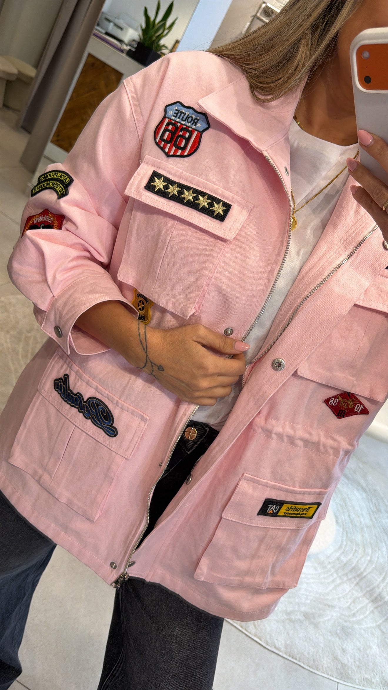 UTILITY DENIM PATCH JACKET  PINK