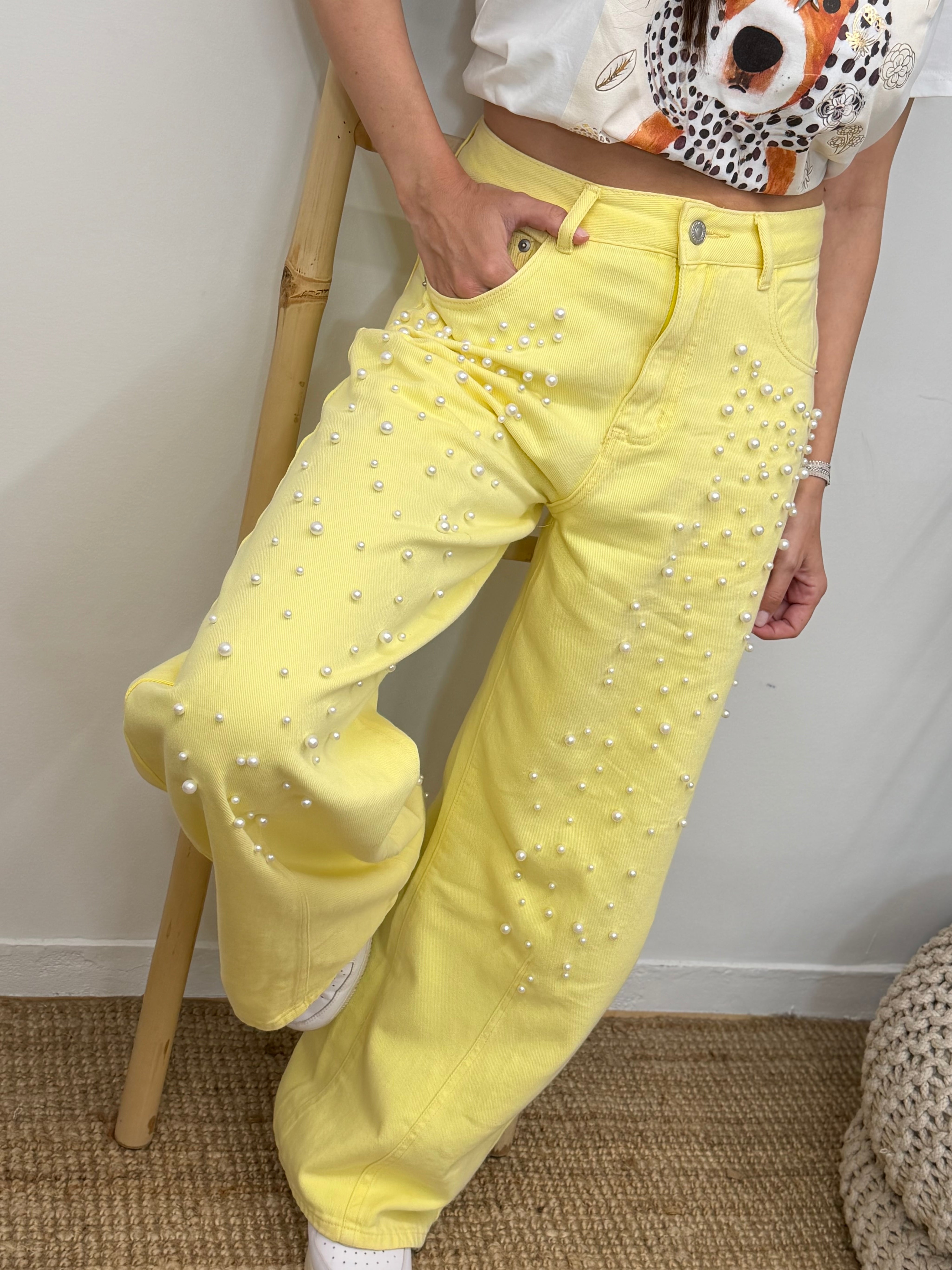 LEMON SORBET PEARL WIDE-LEG JEANS