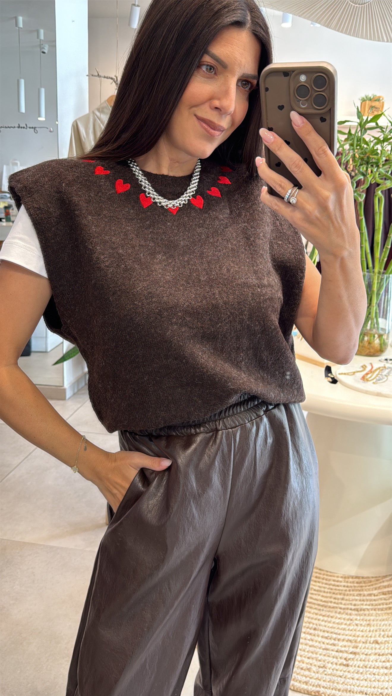 CHOCOLATE BROWN EMBROIDERED HEARTS KNITTED VEST