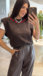 CHOCOLATE BROWN EMBROIDERED HEARTS KNITTED VEST
