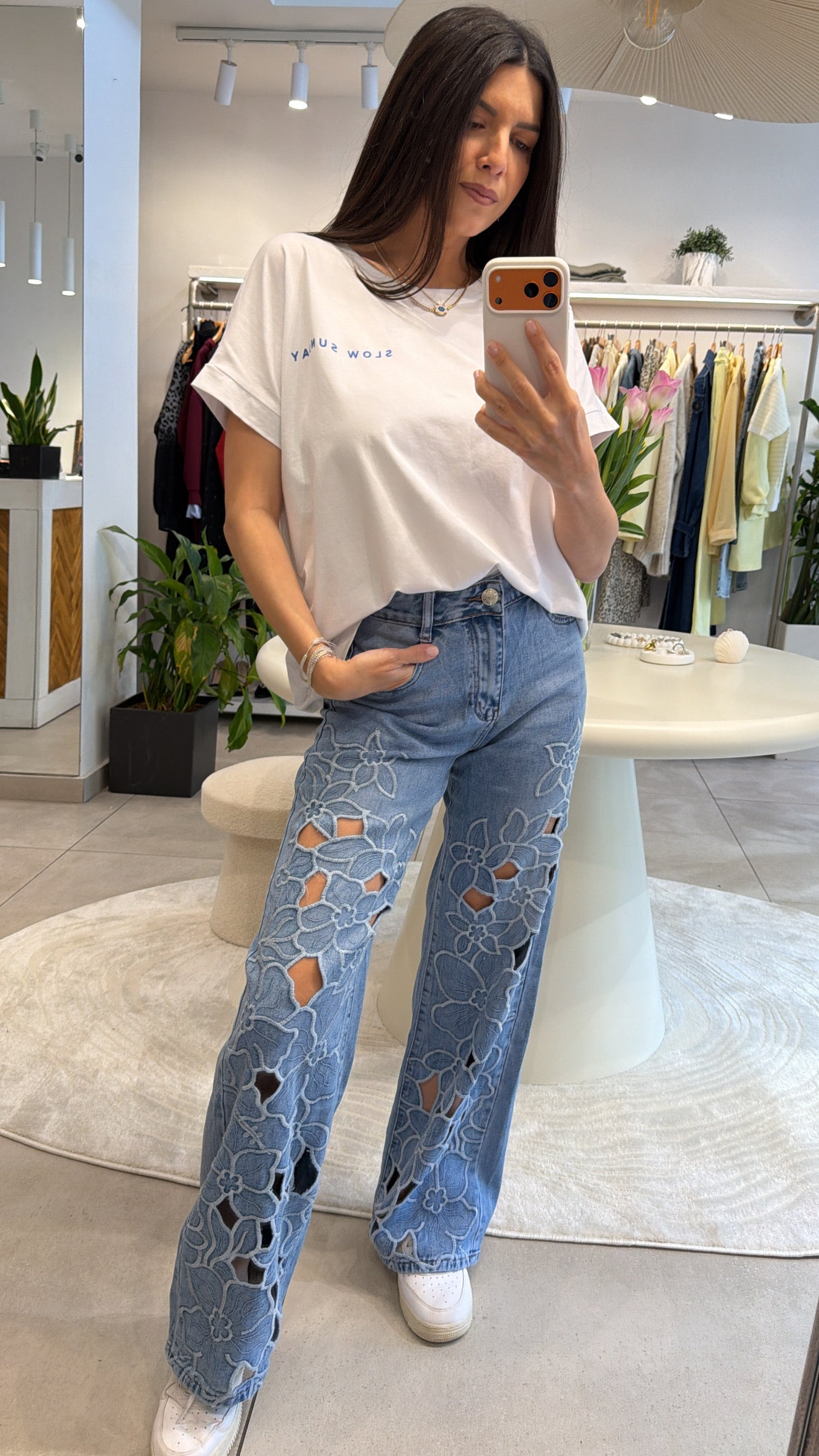 FLORAL CUT-OUT WIDE LEG JEANS