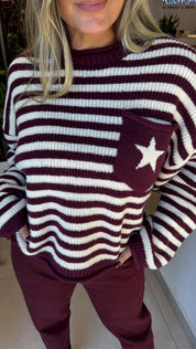 BURGUNDY STRIPED KNITTED SWEATER WITH STAR POCKET