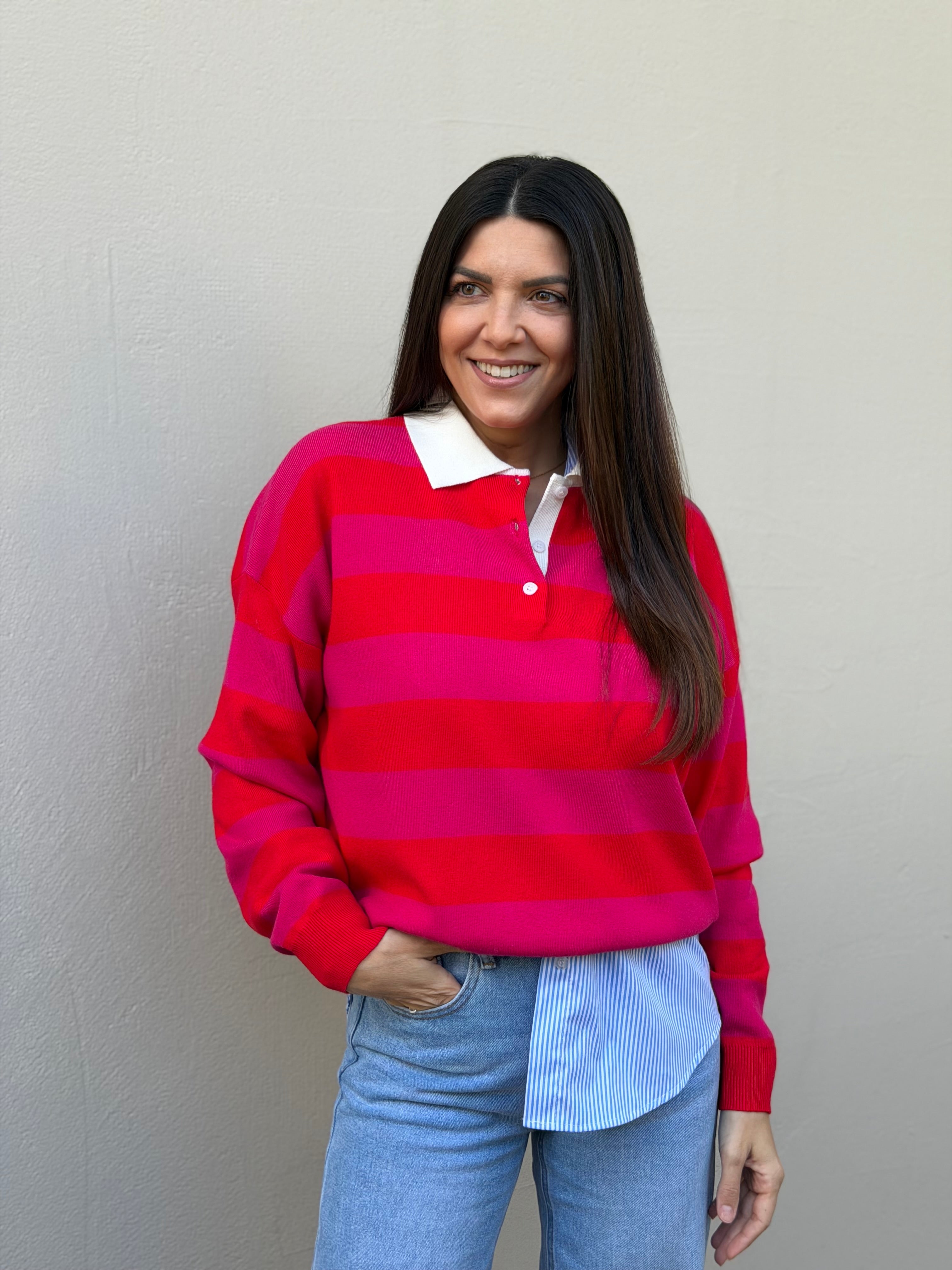 PINK STRIPE POLO KNIT