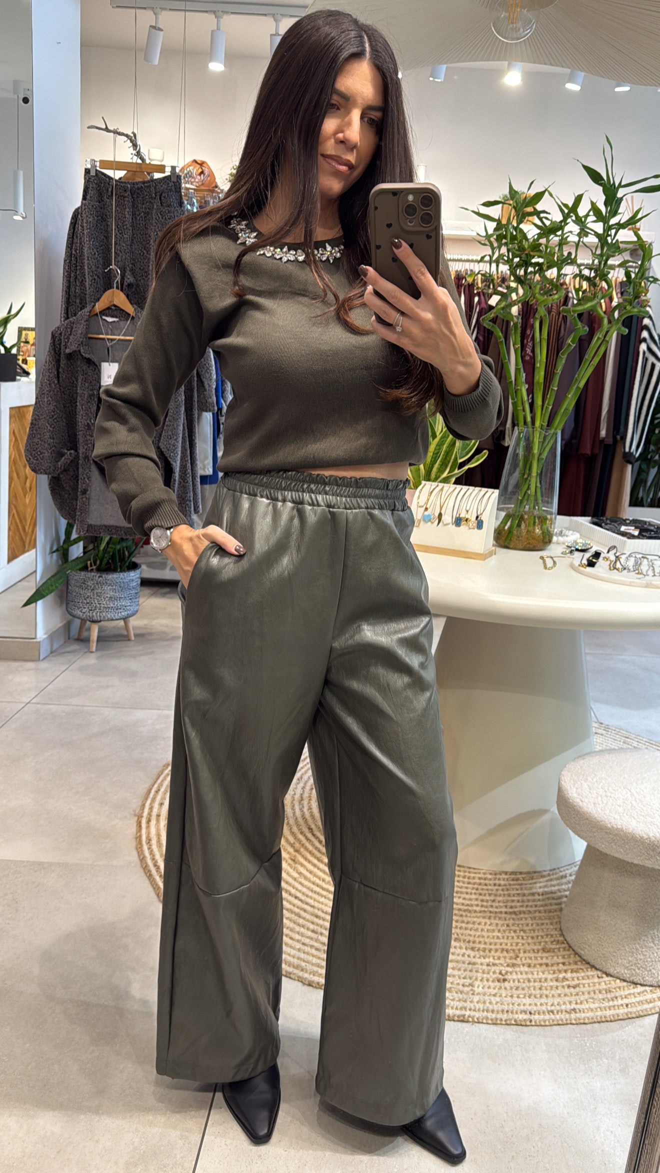 GREEN LEATHER WIDE-LEG TROUSERS