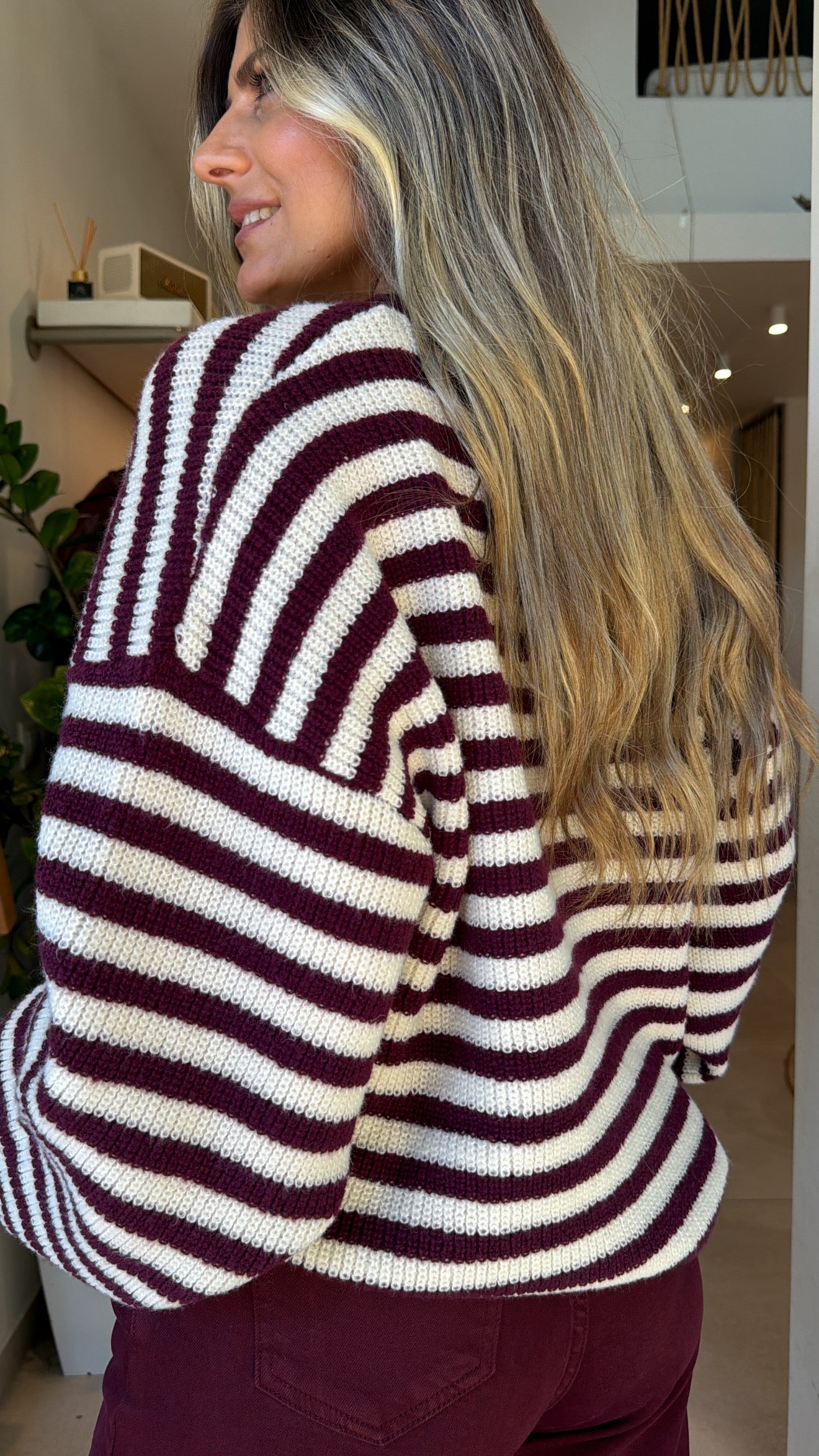 BURGUNDY STRIPED KNITTED SWEATER WITH STAR POCKET