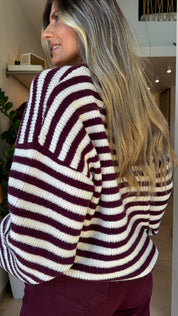 BURGUNDY STRIPED KNITTED SWEATER WITH STAR POCKET