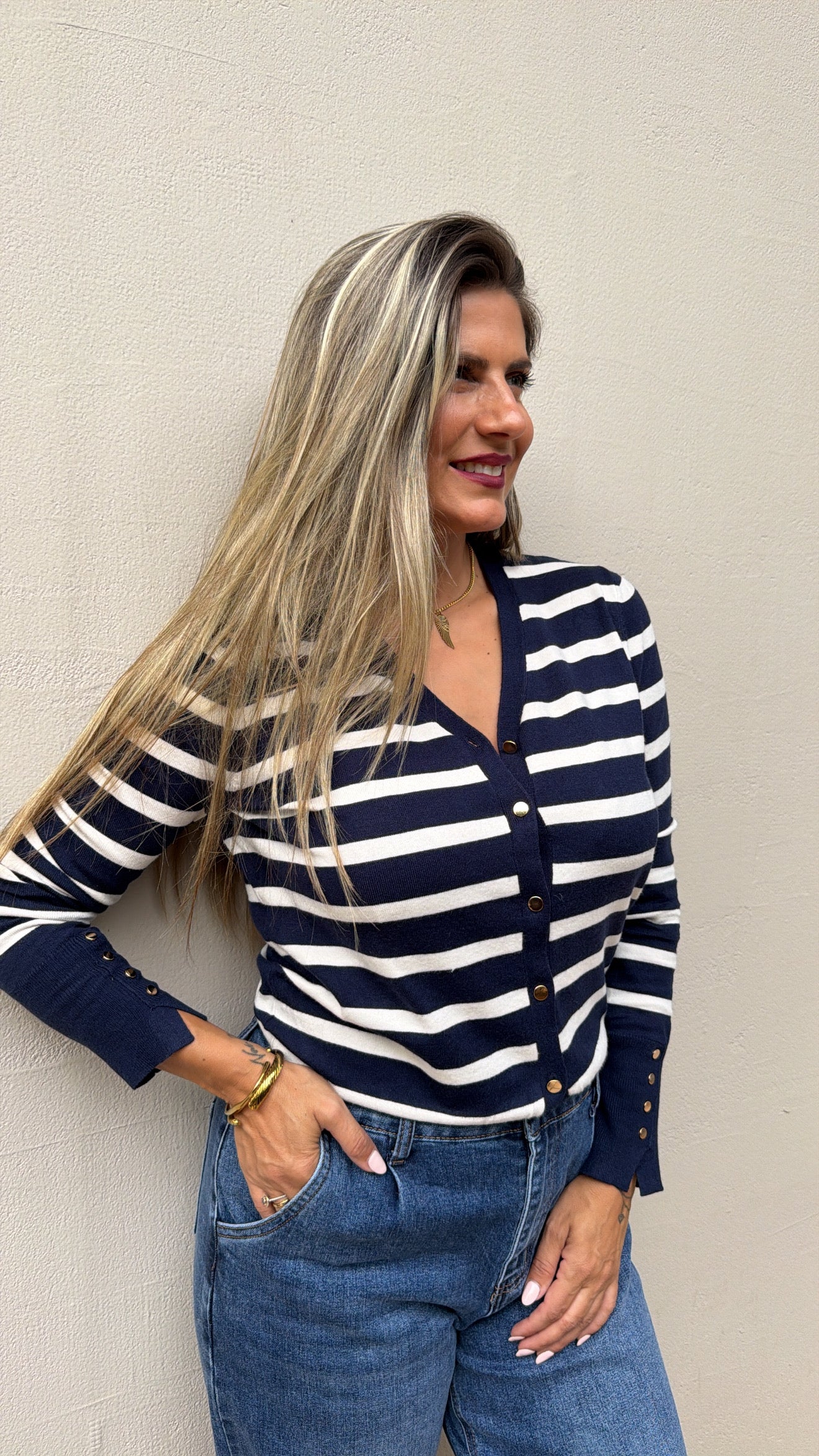 STRIPED KNIT BLUE CARDIGAN
