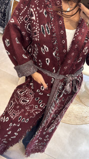 BURGUNDY BANDANA PRINT KNITTED LONG CARDIGAN