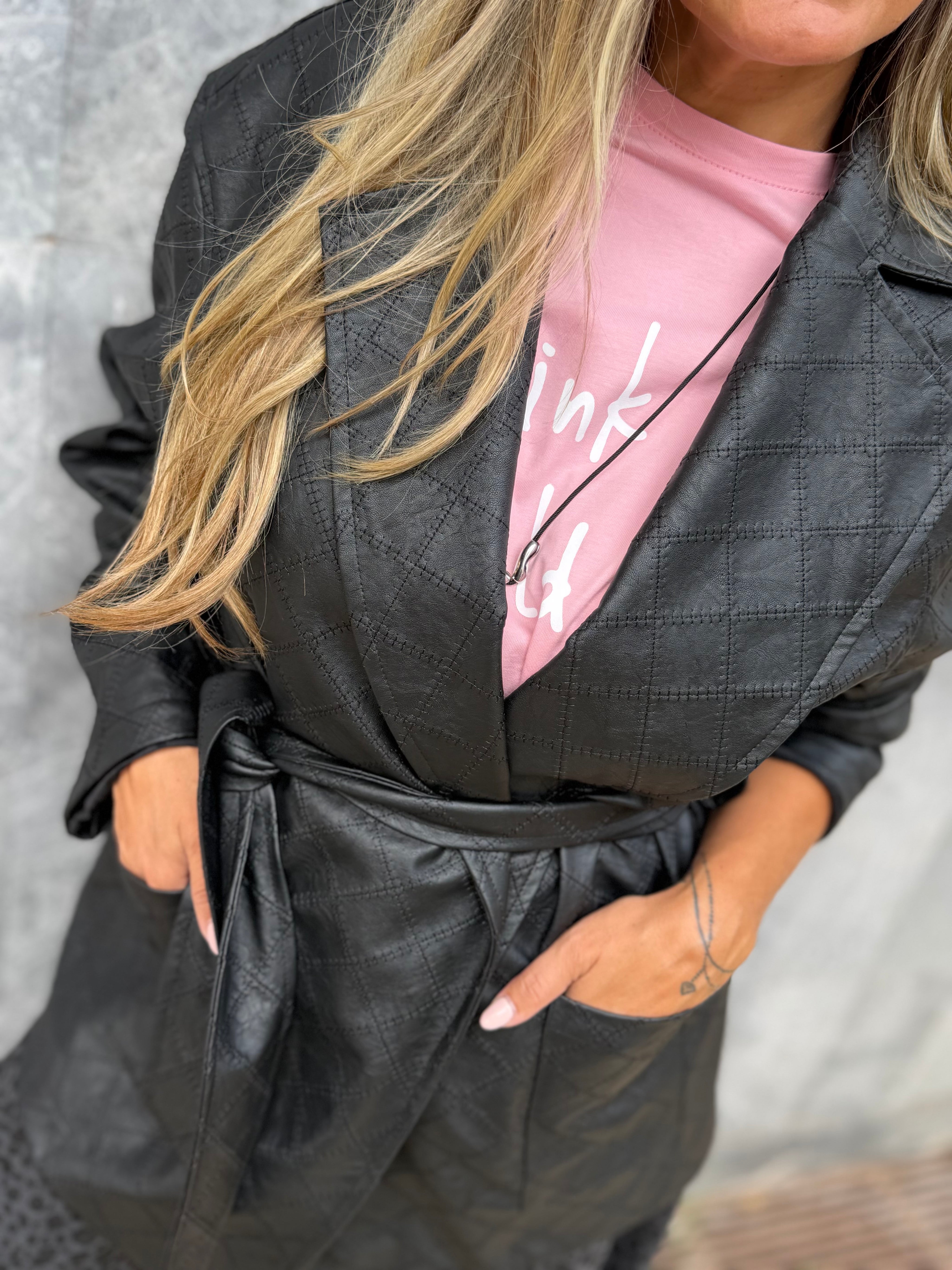 RAVEN QUILTED FAUX LEATHER BELTED JACKET