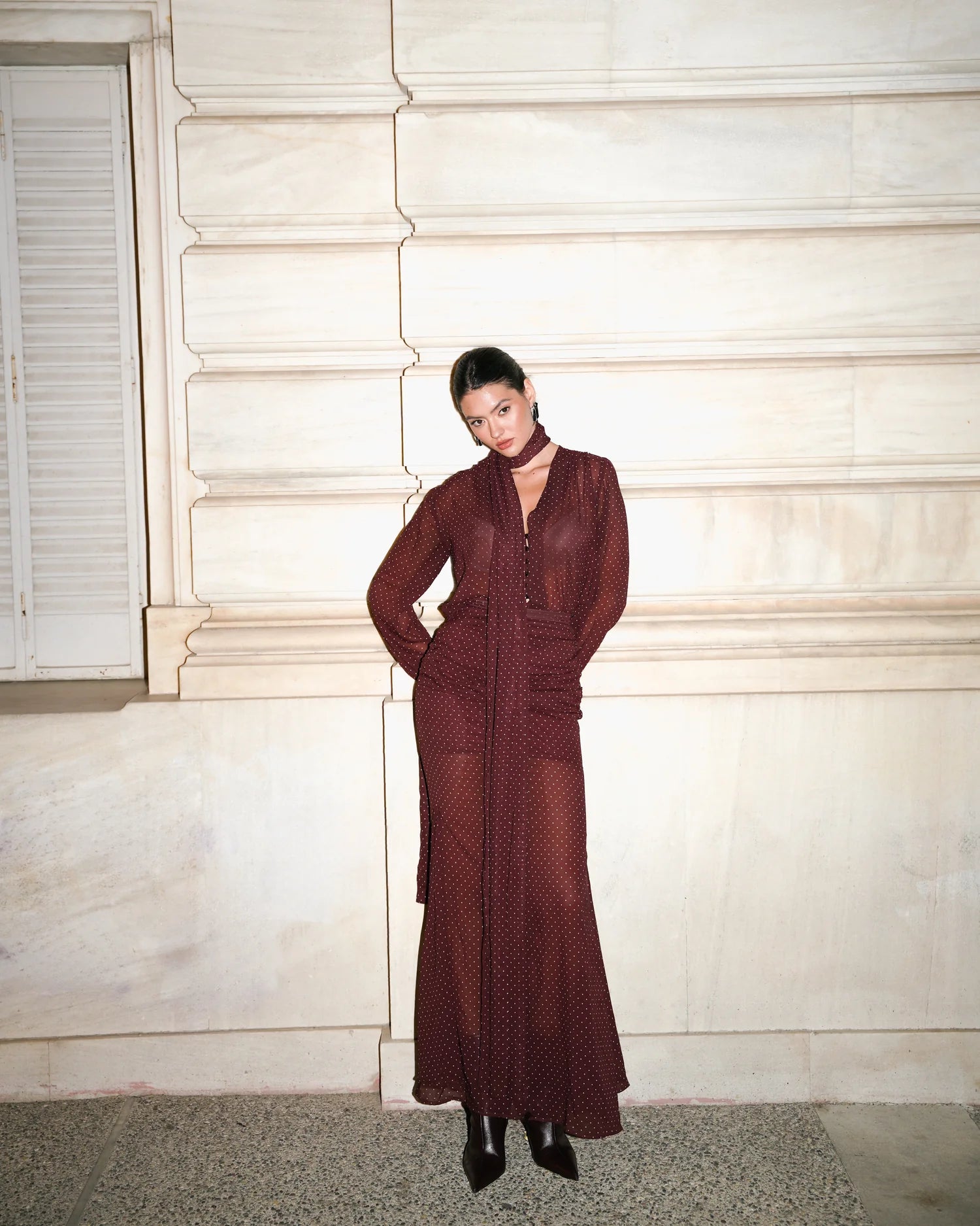 BURGUNDY POLKA DOTS MAXI SKIRT 