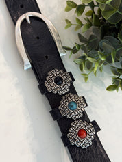 ETHNIC STONE BLACK LEATHER BELT