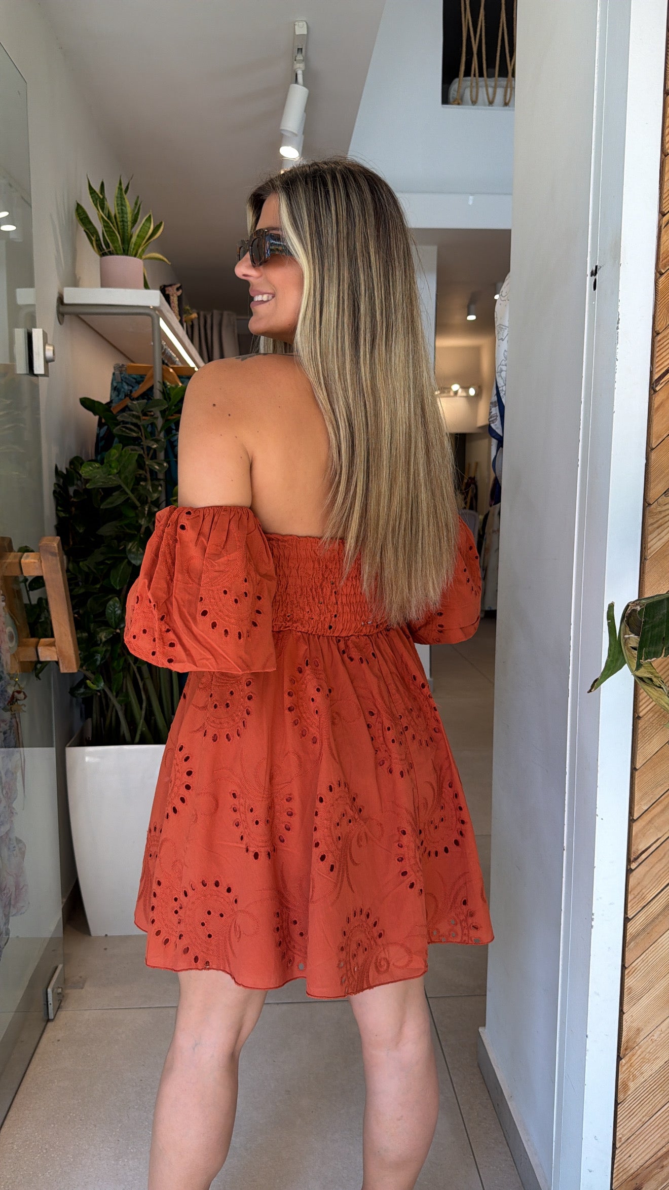 TERRACOTTA MUSE OFF SHOULDER DRESS