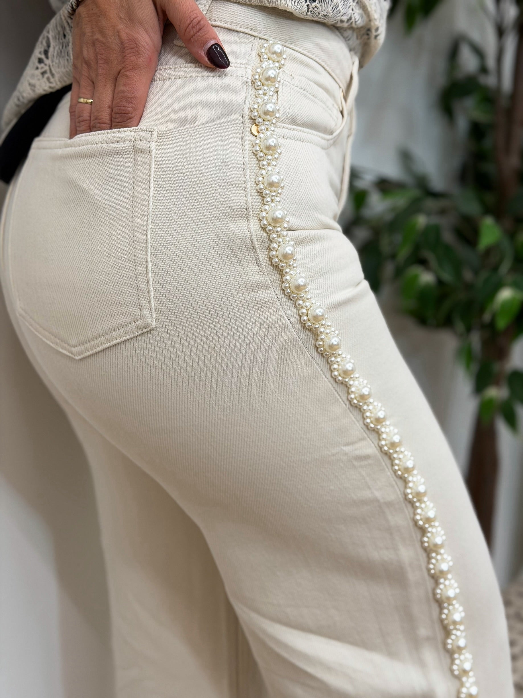 CREAM PEARL-BEADED DENIM