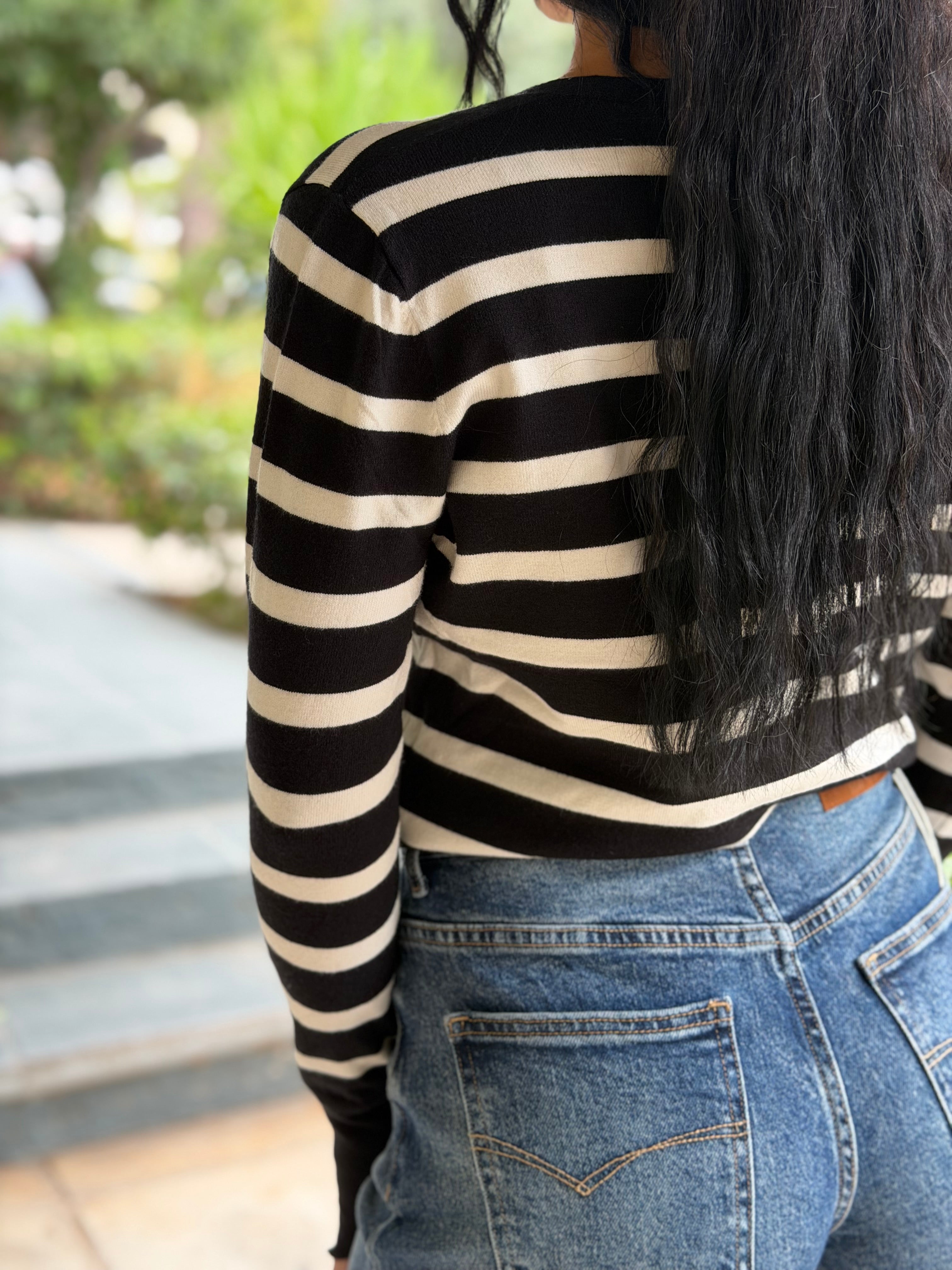 STRIPED KNIT BLACK CARDIGAN