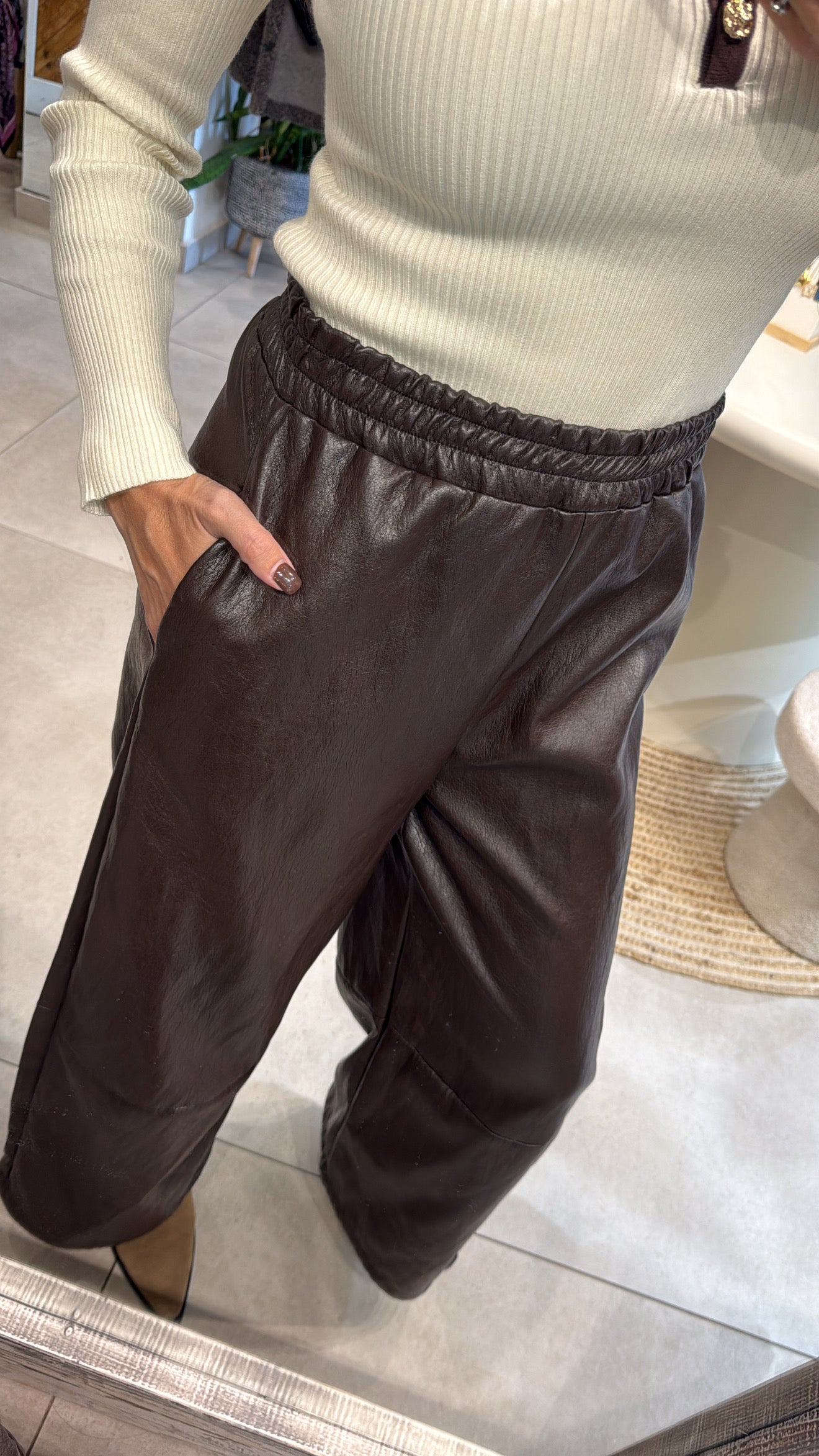 CHOCOLATE LEATHER WIDE-LEG TROUSERS