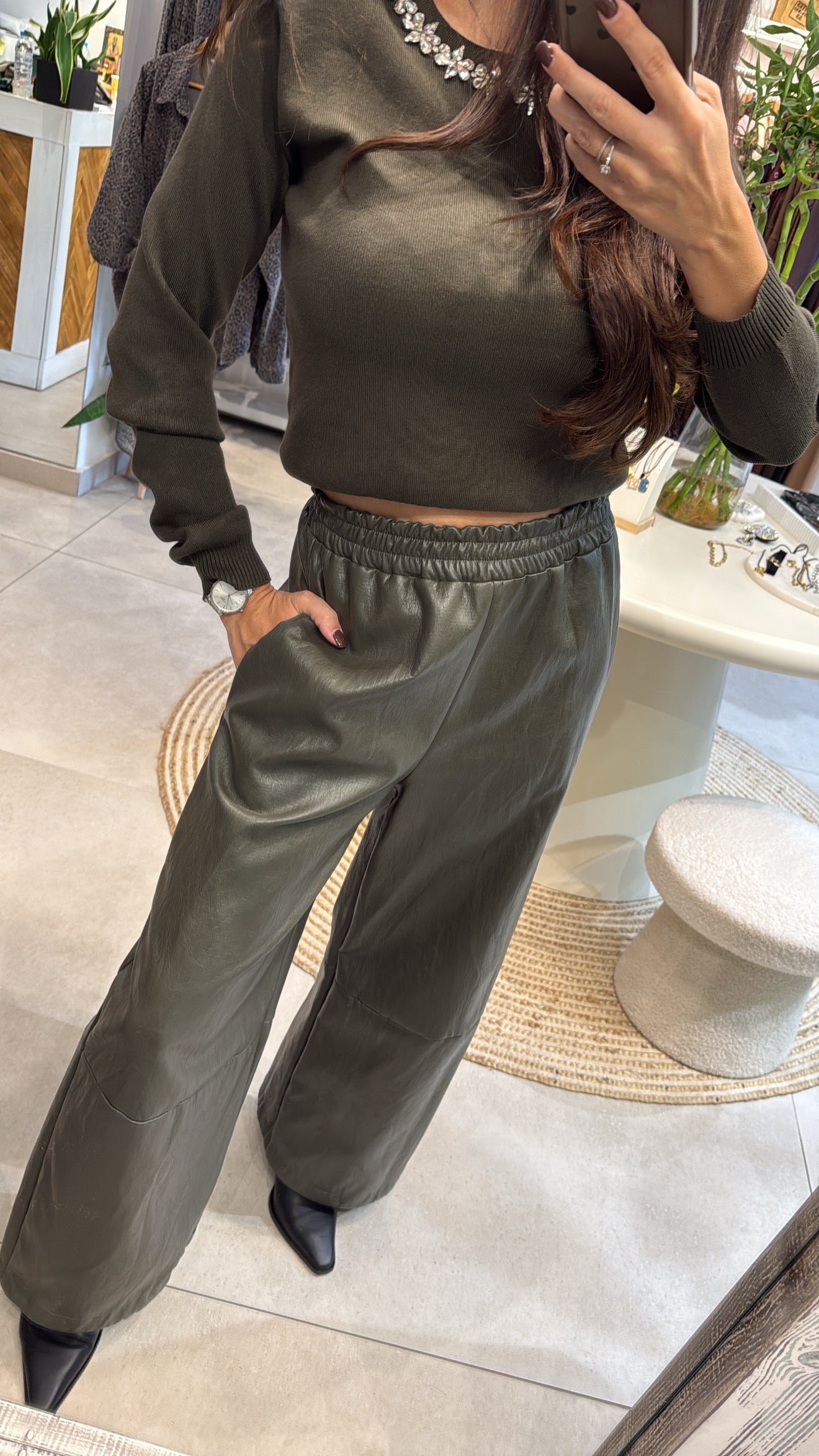 GREEN LEATHER WIDE-LEG TROUSERS