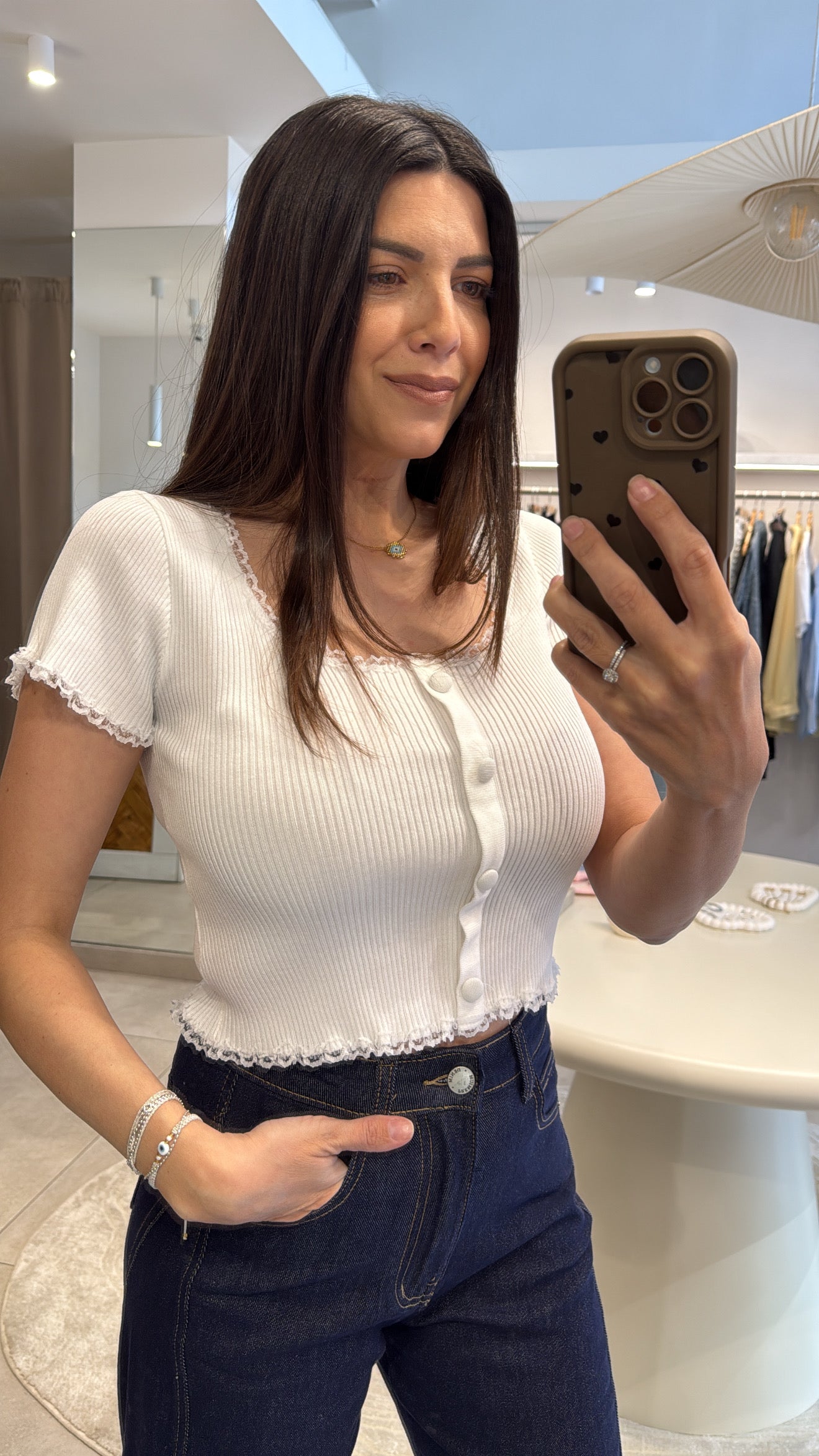 IVORY STRIPE BUTTON CROP TOP