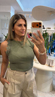LACE DETAIL RIBBED OLIVE TOP
