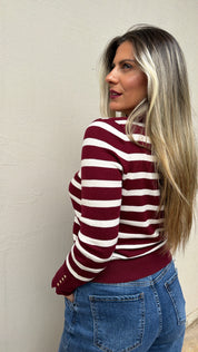 STRIPED KNIT BURGUNDY CARDIGAN