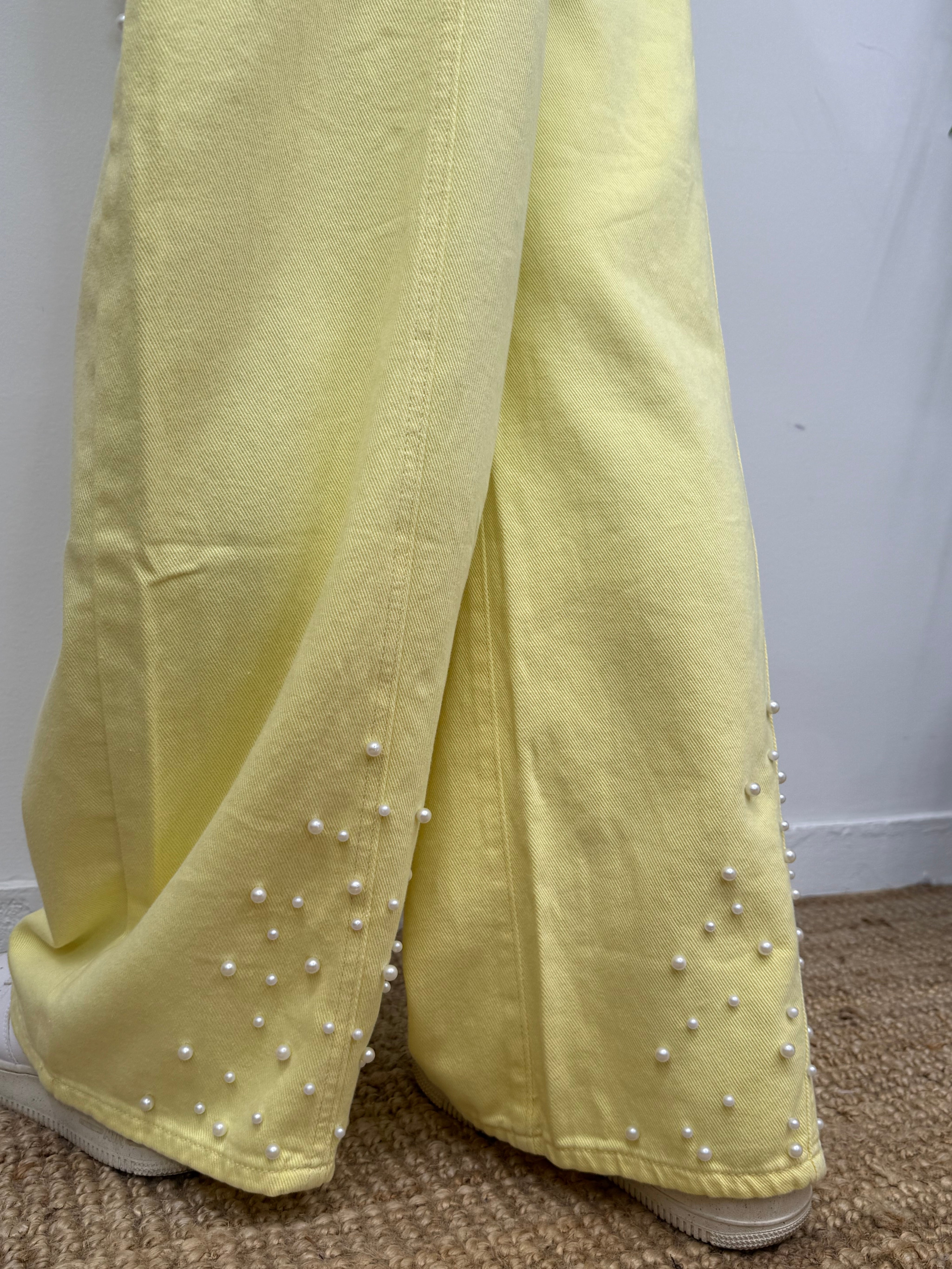LEMON SORBET PEARL WIDE-LEG JEANS