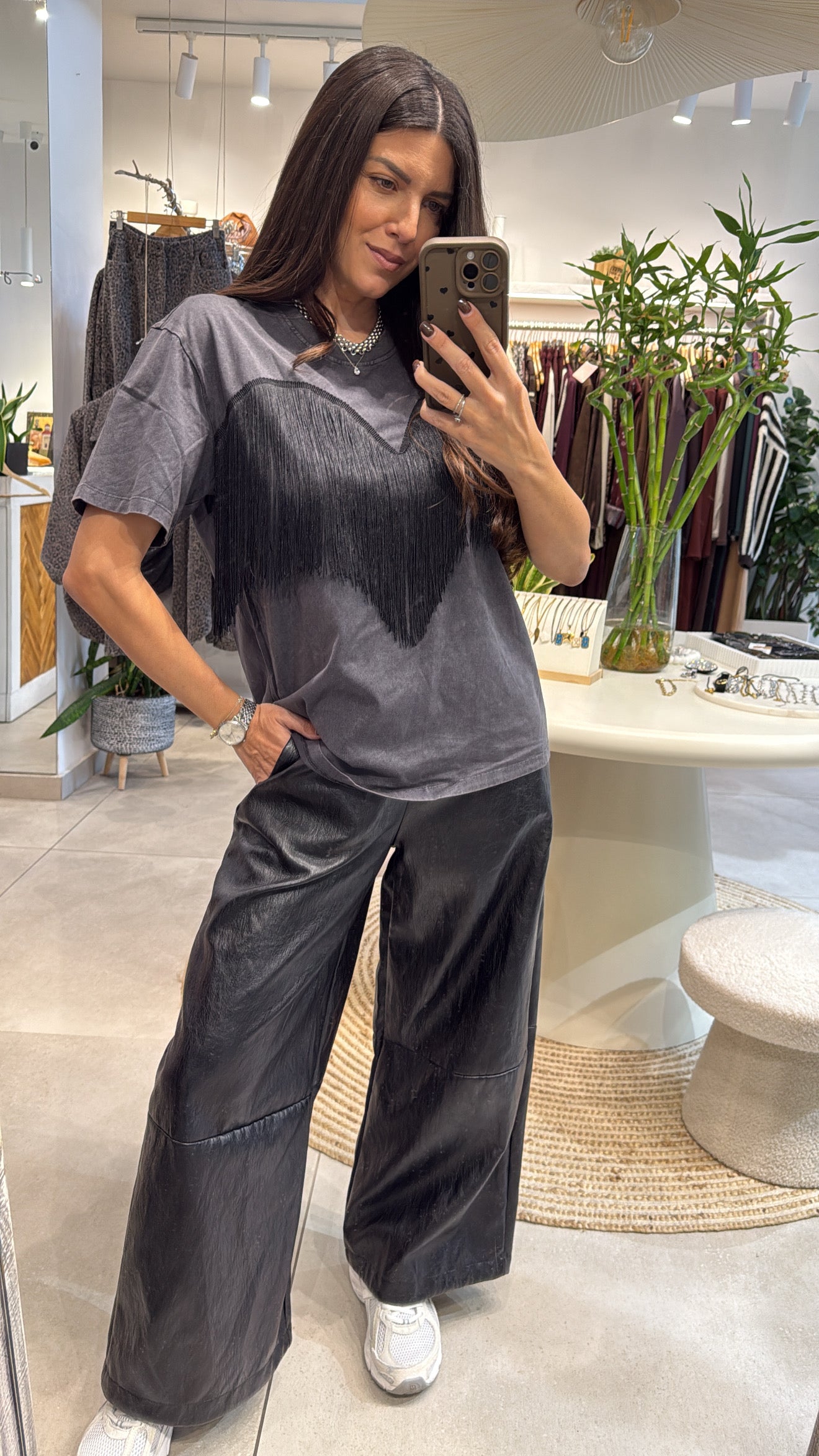 BLACK LEATHER WIDE-LEG TROUSERS