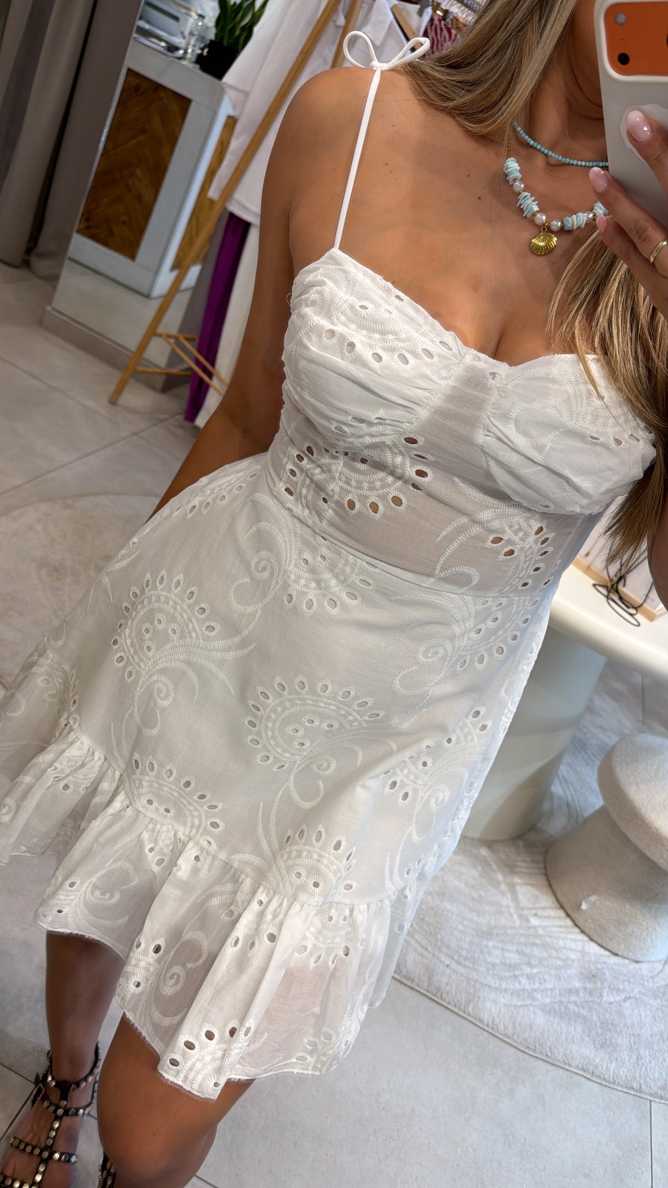 SANTORINI NOIR BRODERIE WHITE MINI DRESS