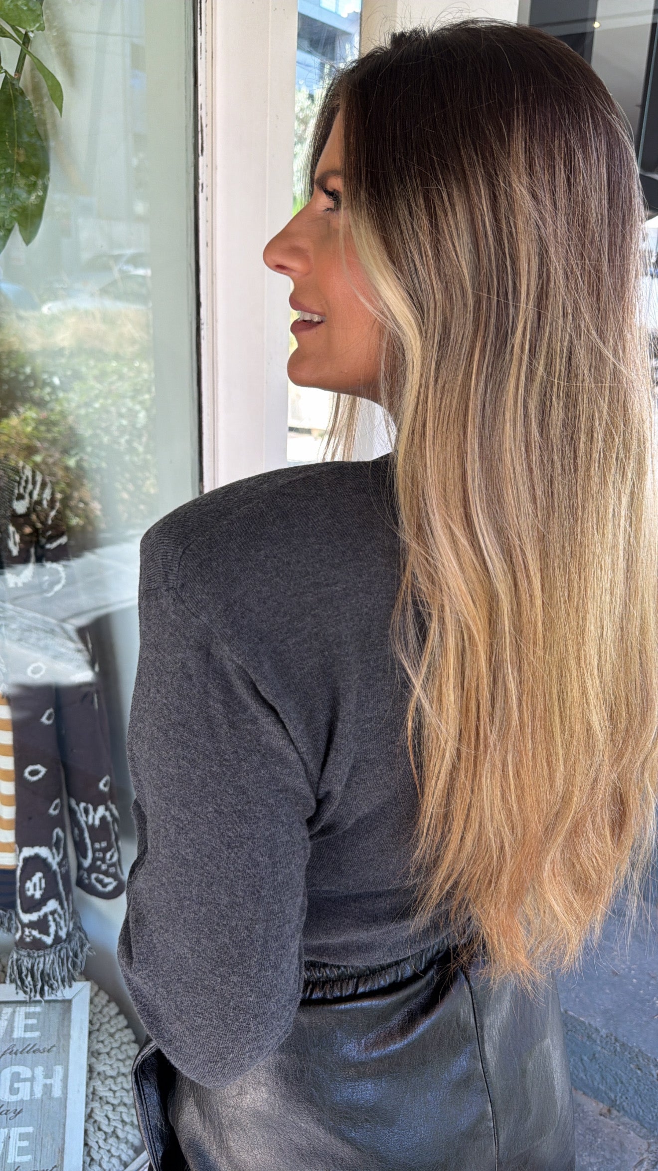 CHARCOAL KNITTED HENLEY TOP WITH SHOULDER PADS