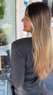 CHARCOAL KNITTED HENLEY TOP WITH SHOULDER PADS