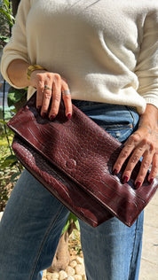 BURGUNDY CROCO EMBOSSED FOLD-OVER SHOULDER BAG