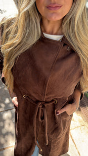 CHOCOLATE BROWN SUEDE ALCANTARA LONG COAT