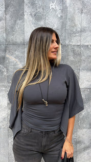 CHARCOAL DRAPED SLEEVE TOP
