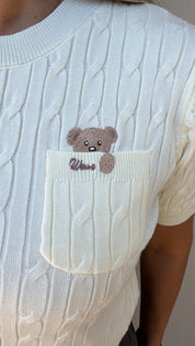 CREAM TEDDY BEAR POCKET KNIT TOP