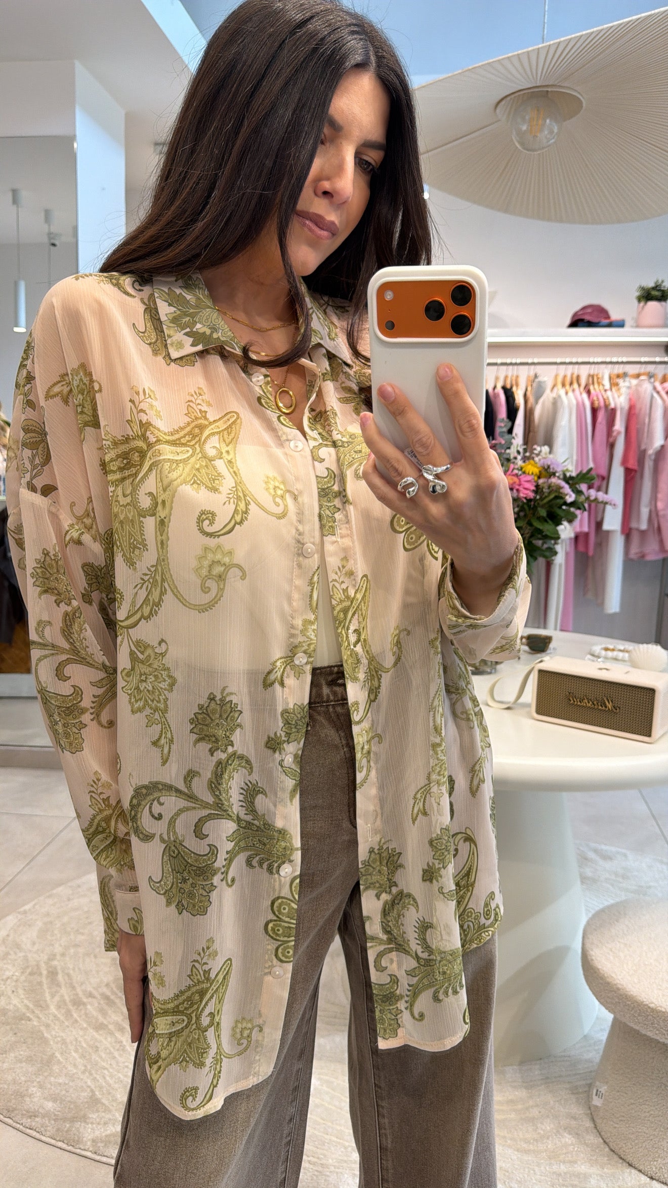 OLIVE PAISLEY SHEER SHIRT