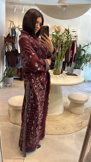 BURGUNDY BANDANA PRINT KNITTED LONG CARDIGAN