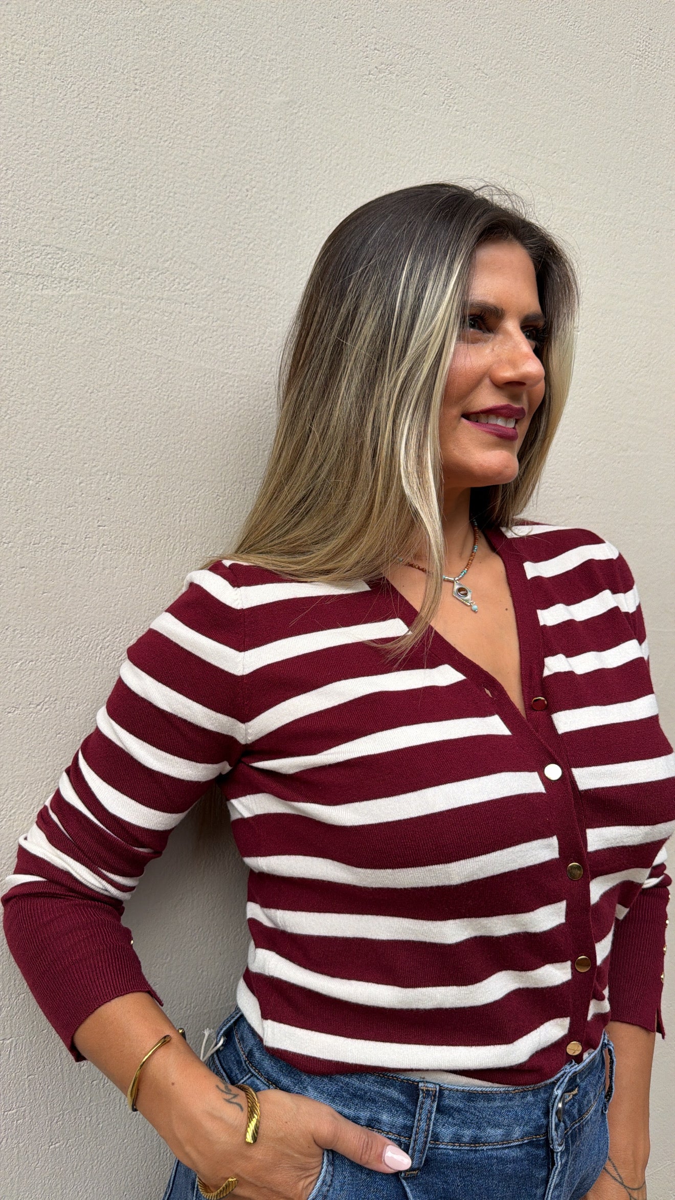 STRIPED KNIT BURGUNDY CARDIGAN