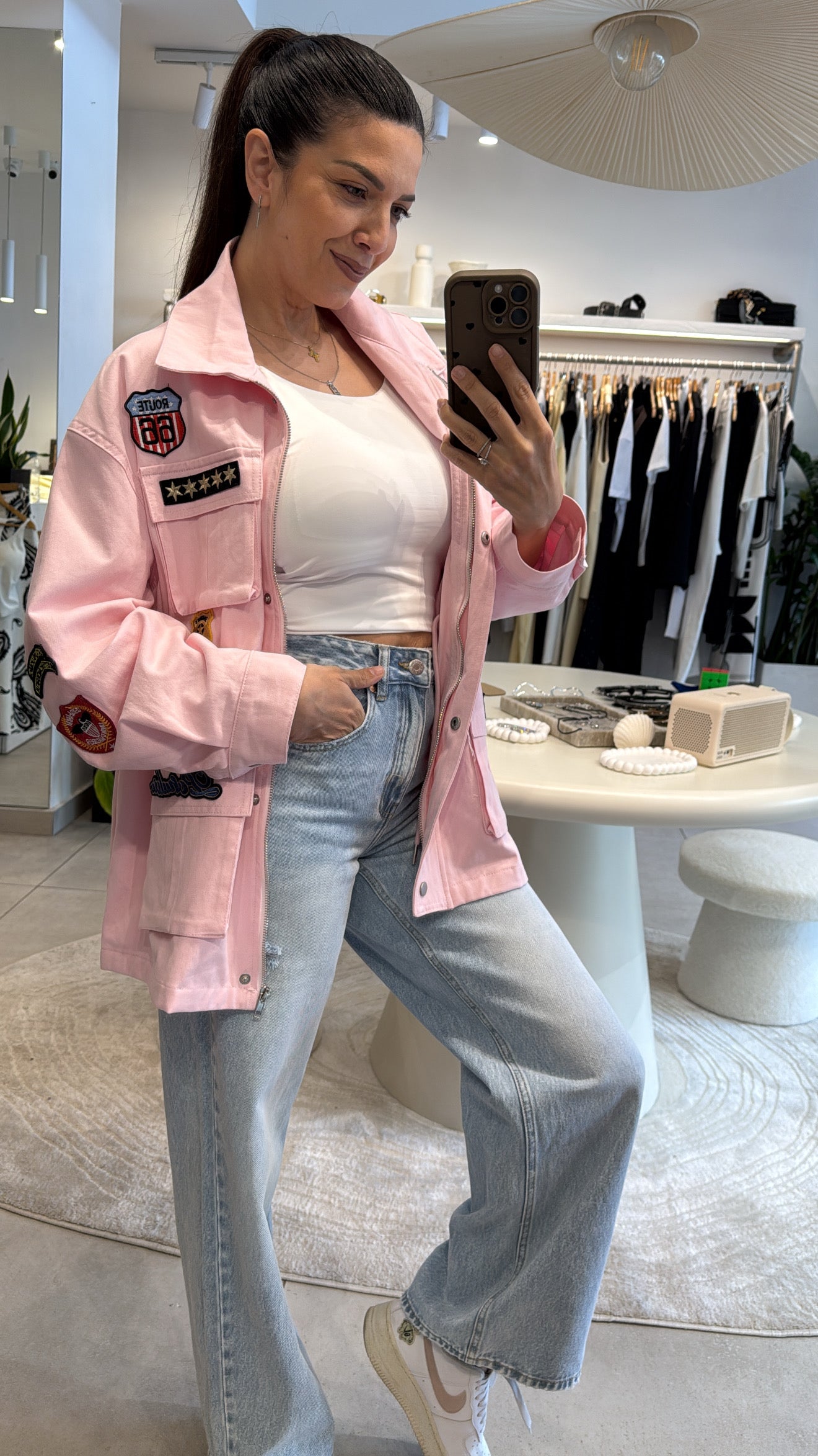 UTILITY DENIM PATCH JACKET  PINK