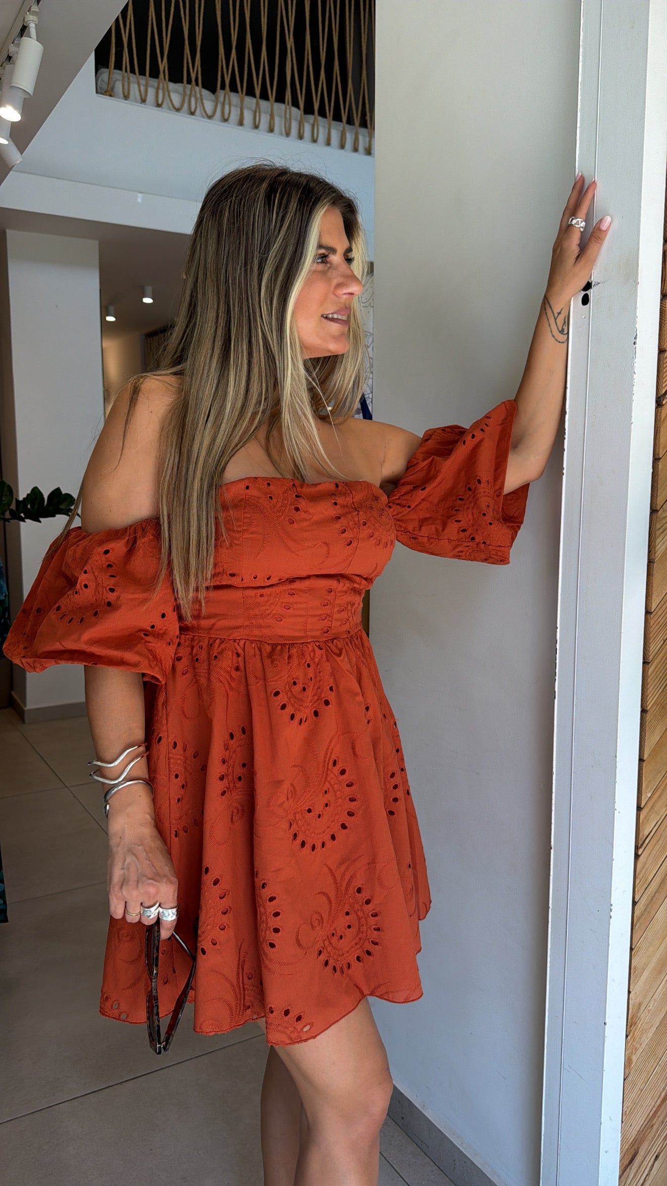 TERRACOTTA MUSE OFF SHOULDER DRESS