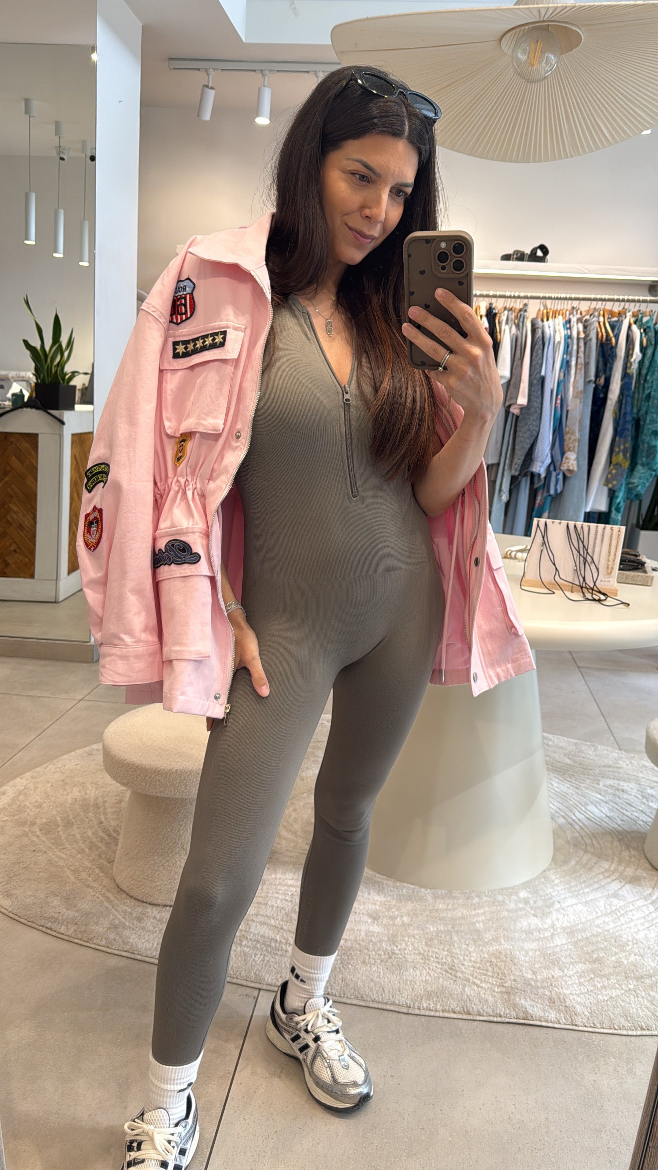STONE GREY ZIP-UP RIBBED JUMPSUIT