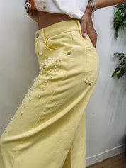 LEMON SORBET PEARL WIDE-LEG JEANS
