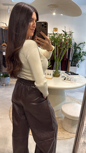 CHOCOLATE LEATHER WIDE-LEG TROUSERS