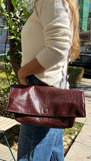 BURGUNDY CROCO EMBOSSED FOLD-OVER SHOULDER BAG