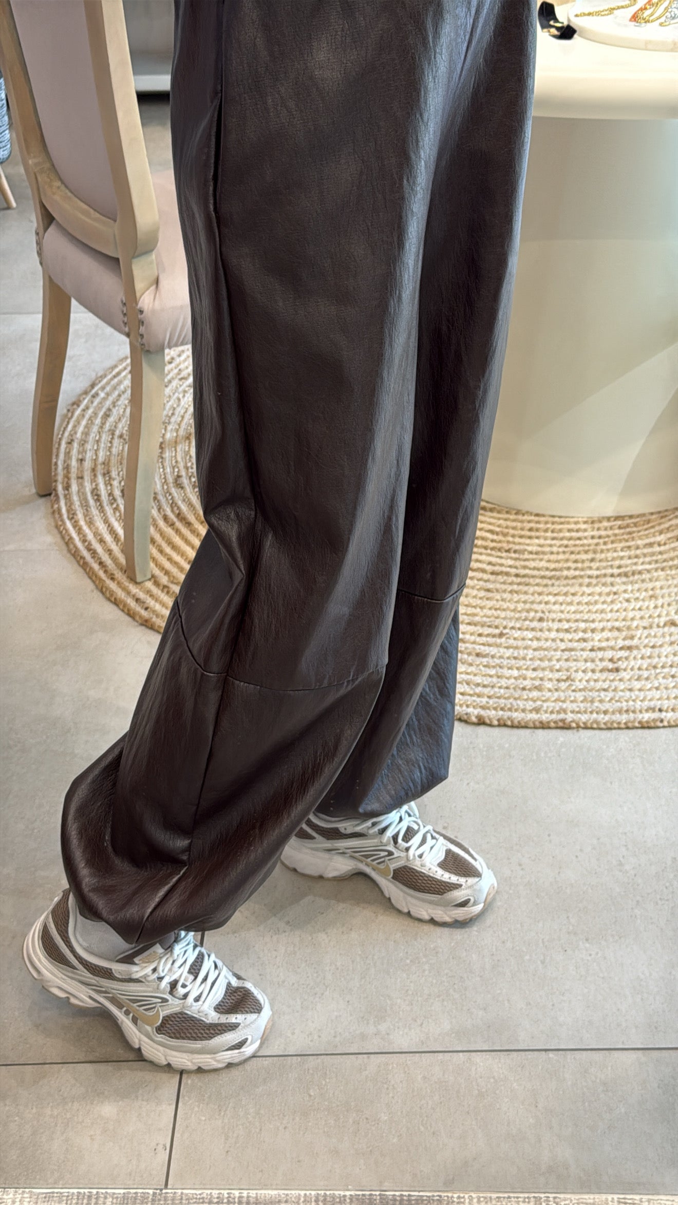 CHOCOLATE LEATHER WIDE-LEG TROUSERS