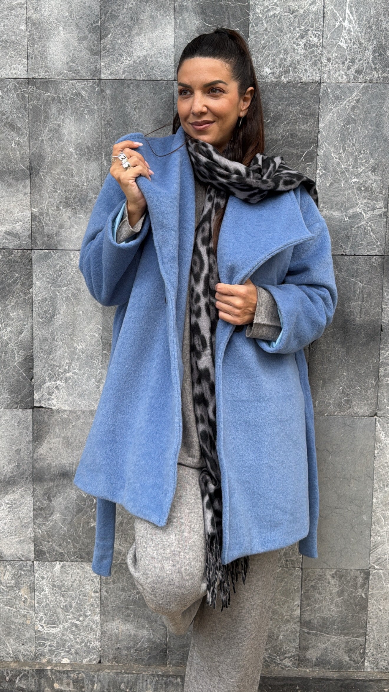 BLUE BELTED WRAP COAT