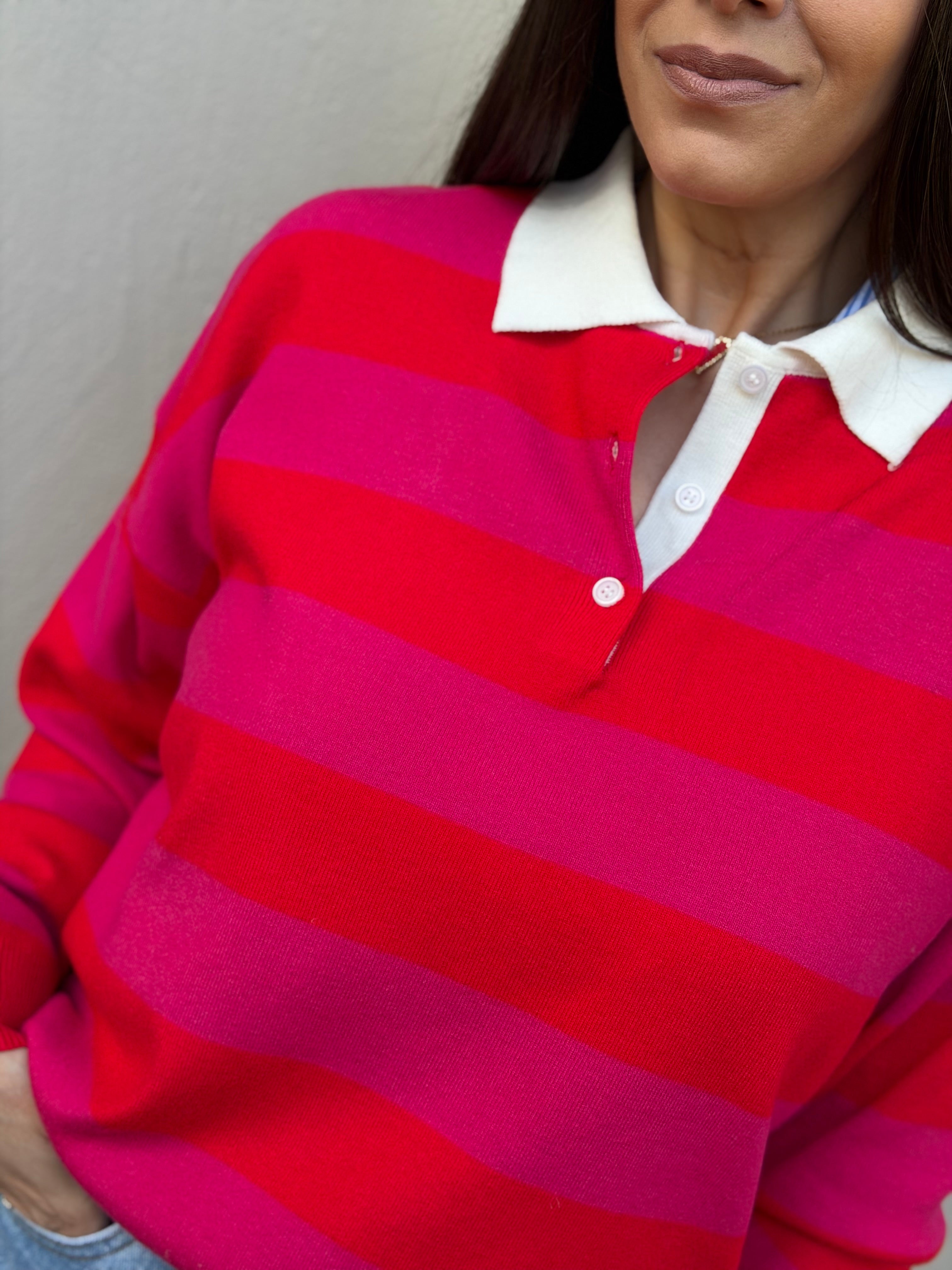 PINK STRIPE POLO KNIT