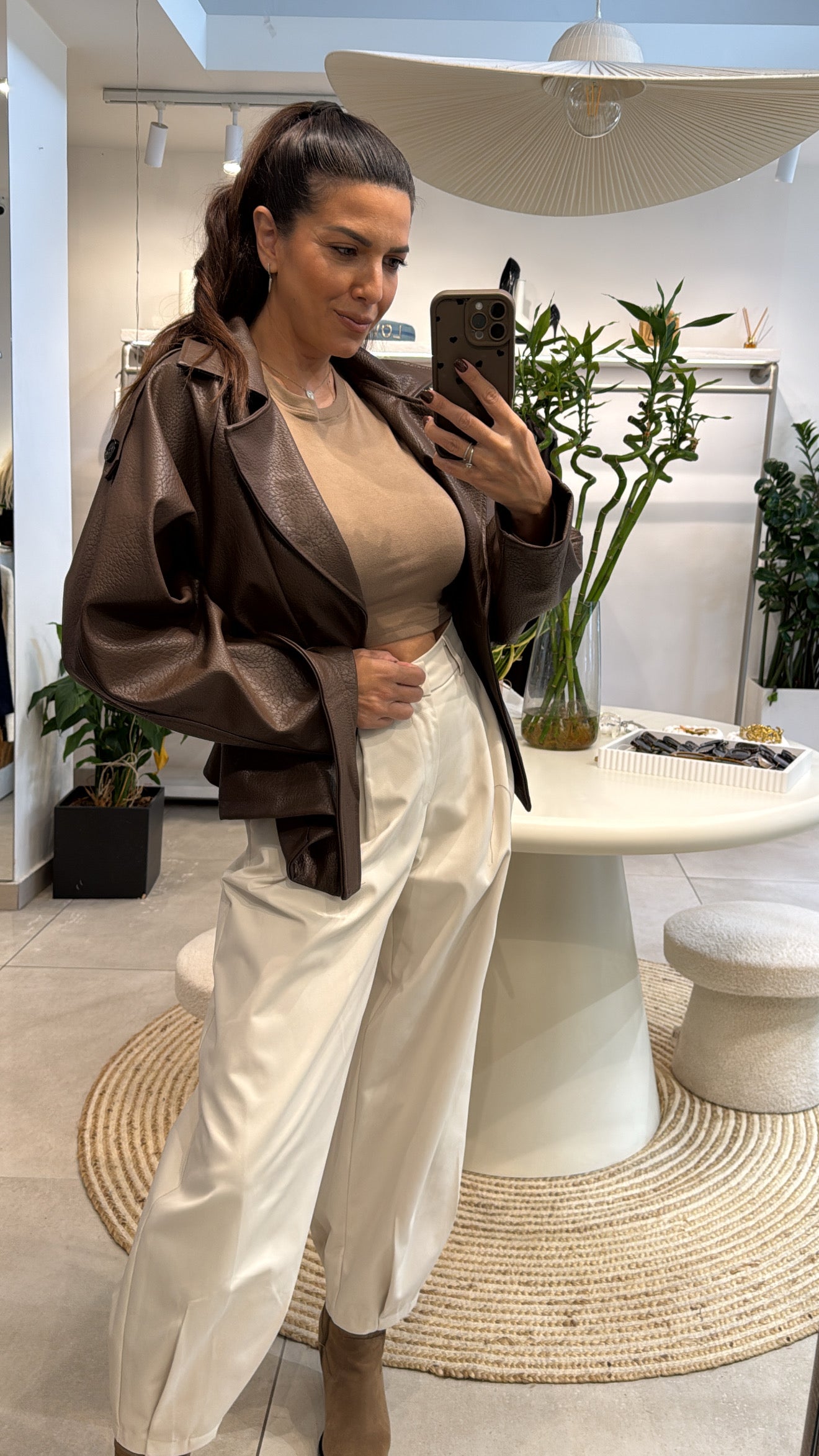 CHOCOLATE ECO LEATHER BELTED JACKET