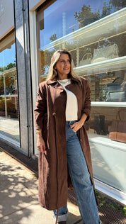 CHOCOLATE BROWN SUEDE ALCANTARA LONG COAT