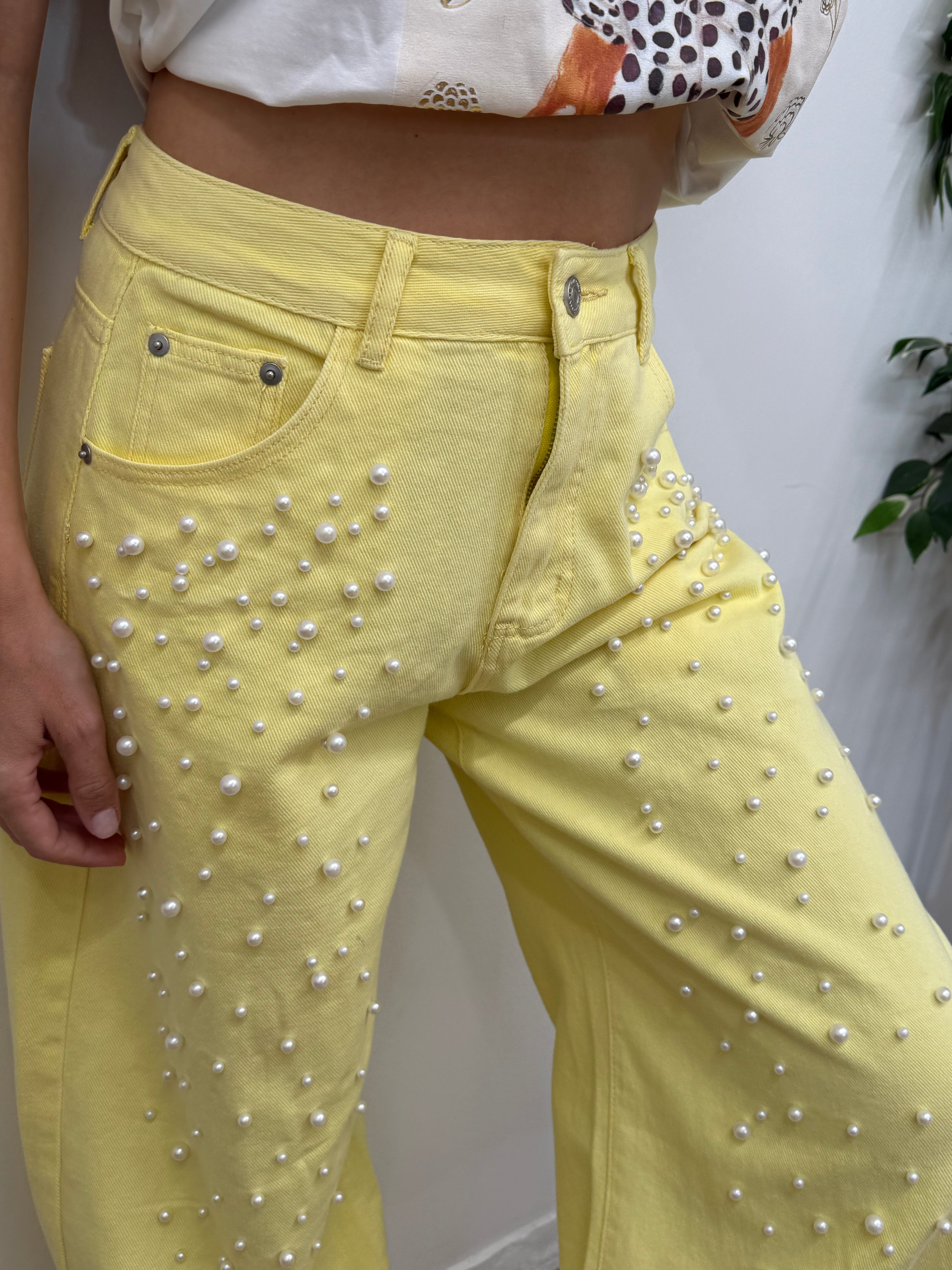 LEMON SORBET PEARL WIDE-LEG JEANS