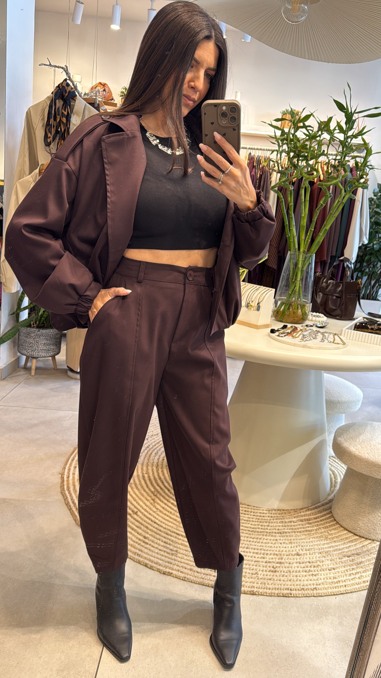 CHOCOLATE BROWN BOMBER BLAZER & TROUSER SET