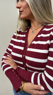 STRIPED KNIT BURGUNDY CARDIGAN